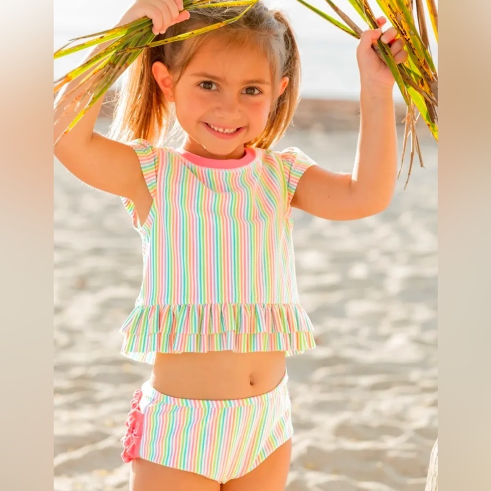 RuffleButts Rainbow Seersucker Sleeve Ruffle 2 Piece Swimsuit 6-12 12-18 months